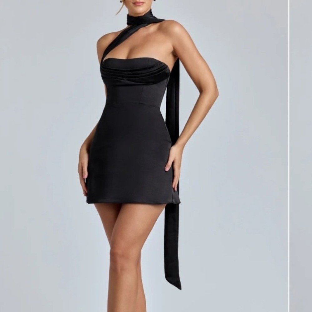 Oh Polly Anastasia Black Draped Halterneck Satin Mini Prom Dress US 10 NEW